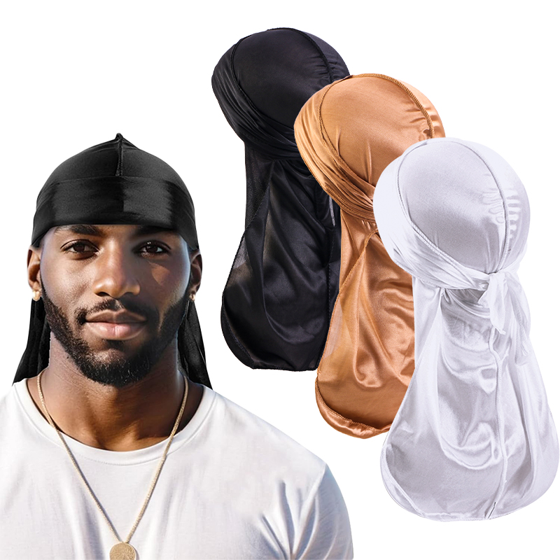 Men'S Fashion With Hat - 3 ピース/ロットロング Durag シルクサテンバンダナキャップターバン帽子かつらバイカー Headwrap 化学療法キャップ海賊帽子男性女性ヘアアクセサリー