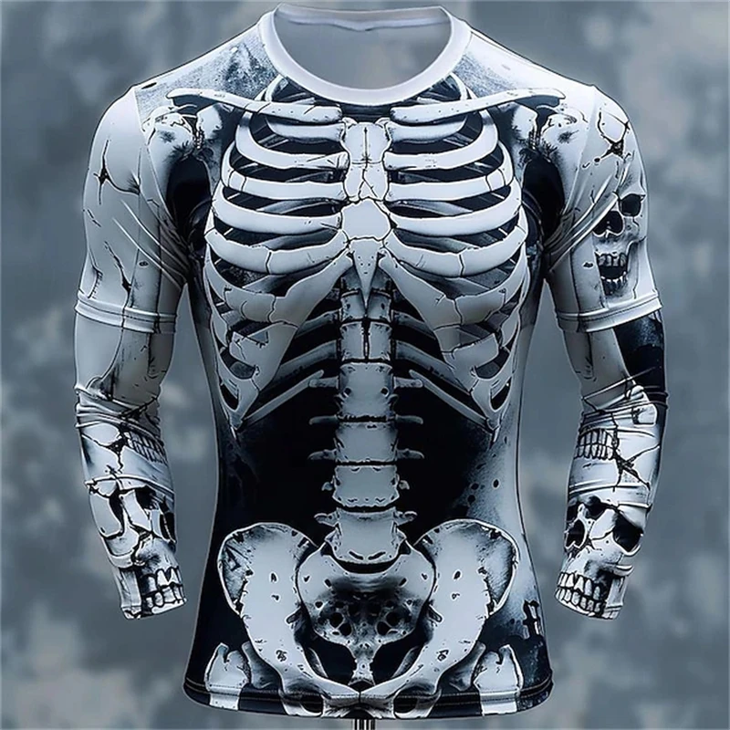 Mens Fashion Clothes - 3Dプリントの骸骨柄Tシャツ。メンズ用、長袖、カジュアルファッション、トップス、スウェットシャツ、通気性に優れたストリートウェア、ゆったりとしたデザイン。