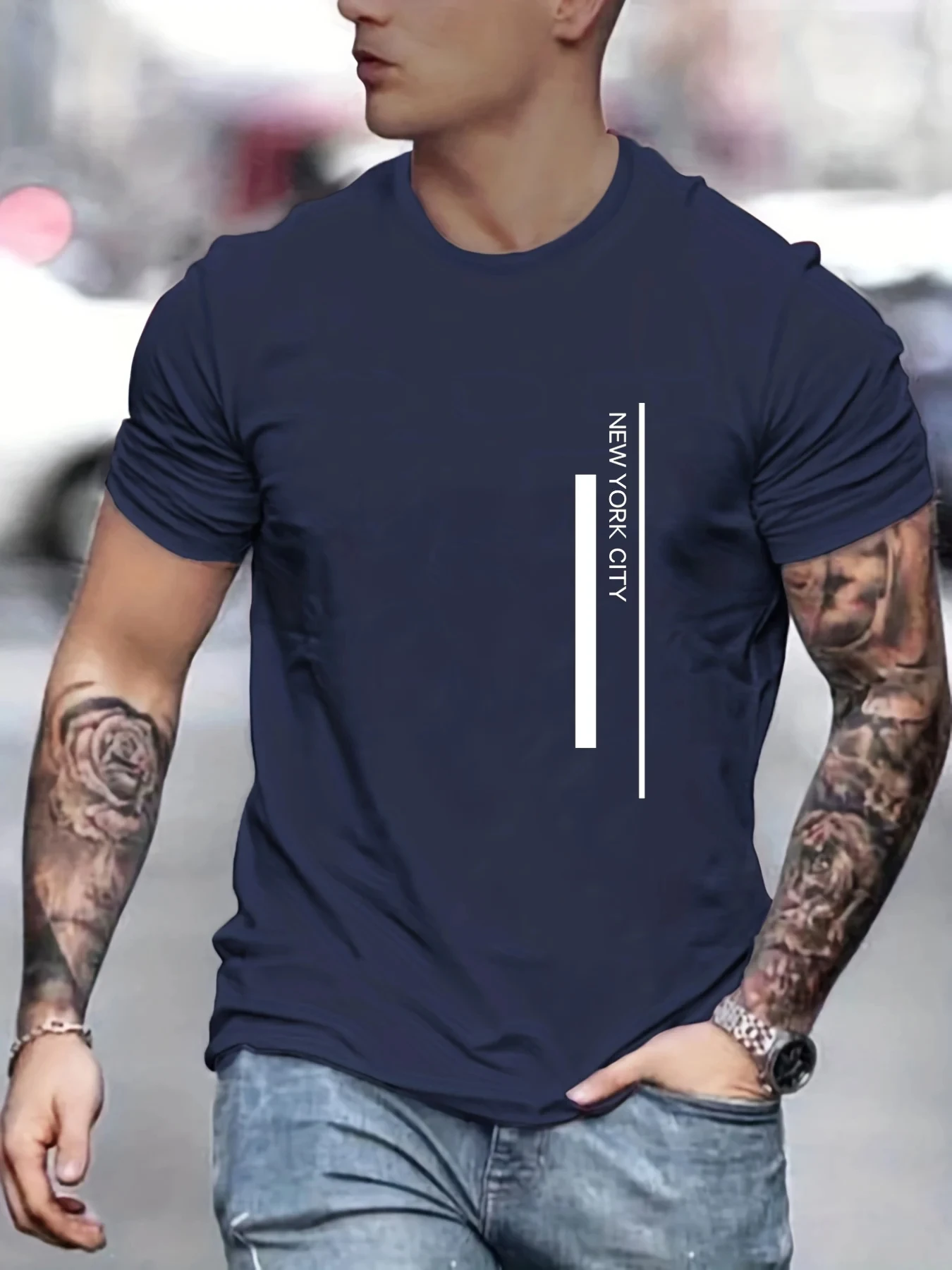 Men'S Fashion New York - ファッションニューヨークシティレタープリントTシャツクラシックストライプクルーネック半袖Tシャツシンプルシティアーバンカジュアルトップス