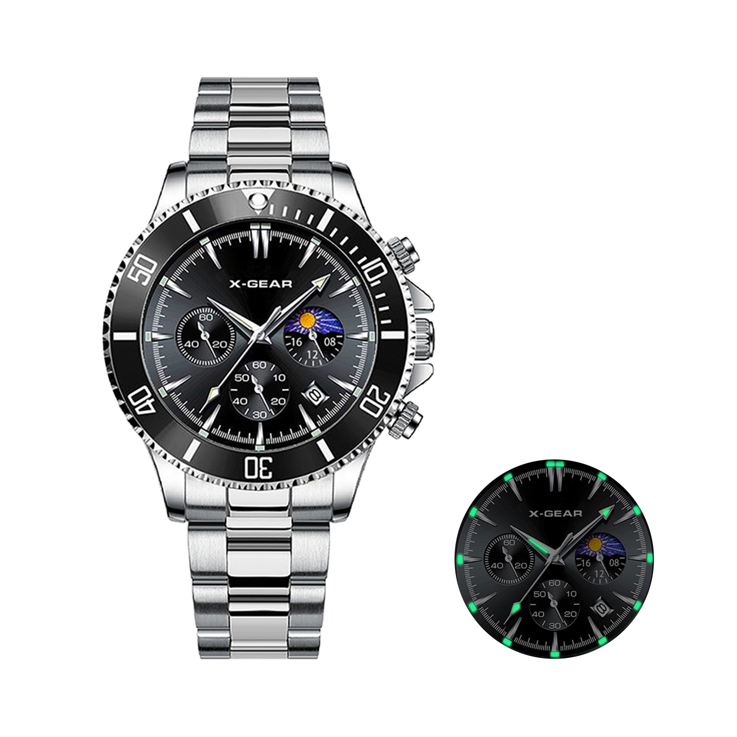 Men'S Fashion X - X-GEAR ファッションカレンダーメンズクォーツ時計高級ブラックダイヤルステンレススチールストラップビジネスメンズ腕時計男性腕時計腕時計