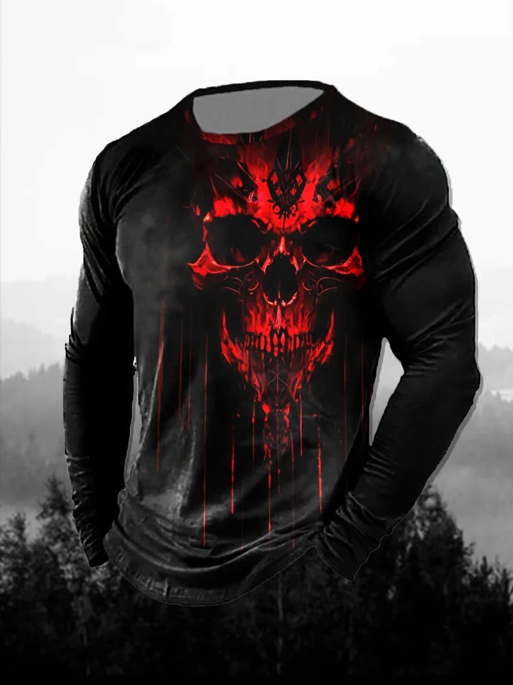 メンズ 3Dプリント 赤いダークスカル柄 長袖Tシャツ ゴシ - Men'S Fashion T Shirts のレビューと価格