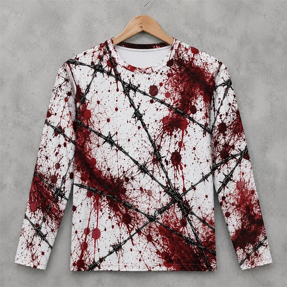3Dプリントのホラー柄、赤い血痕模様のハロウィン長袖Tシャツ - Men'S Fashion T Shirts のレビューと価格